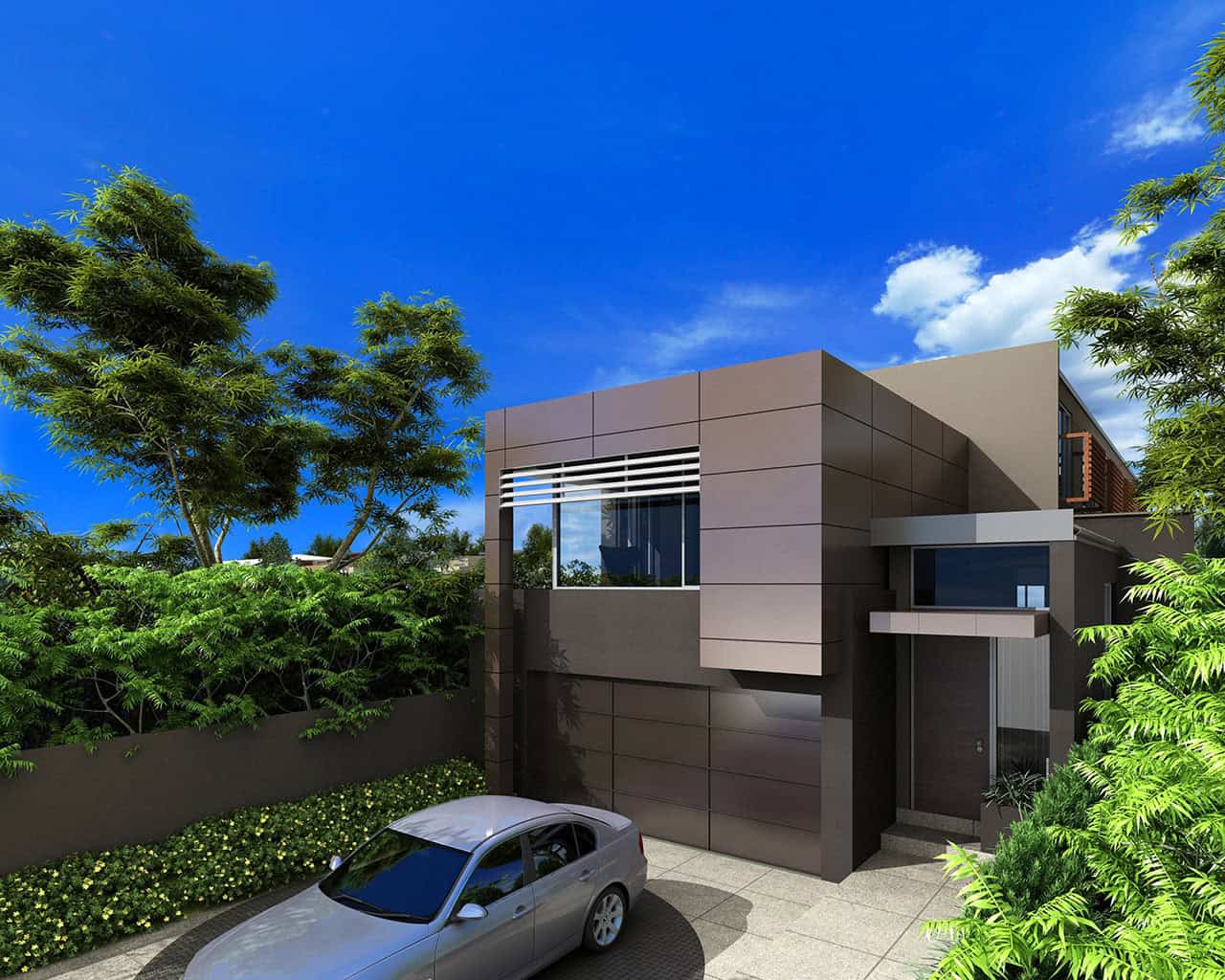 Architectural high-end home with INNOVA Duragrid fibre cement facade panels providing a clean, modern exterior finish